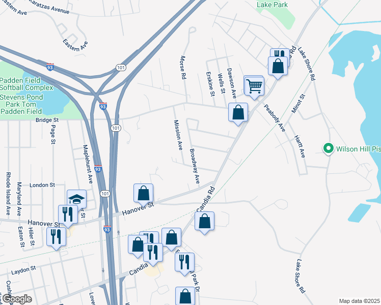 map of restaurants, bars, coffee shops, grocery stores, and more near 150 Broadway Avenue in Manchester