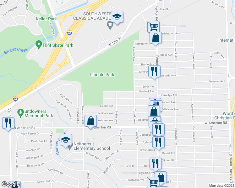 map of restaurants, bars, coffee shops, grocery stores, and more near 1329 Neubert Avenue in Flint