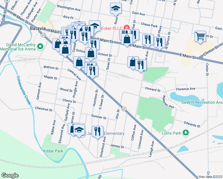 map of restaurants, bars, coffee shops, grocery stores, and more near 409 Ellicott Street in Batavia