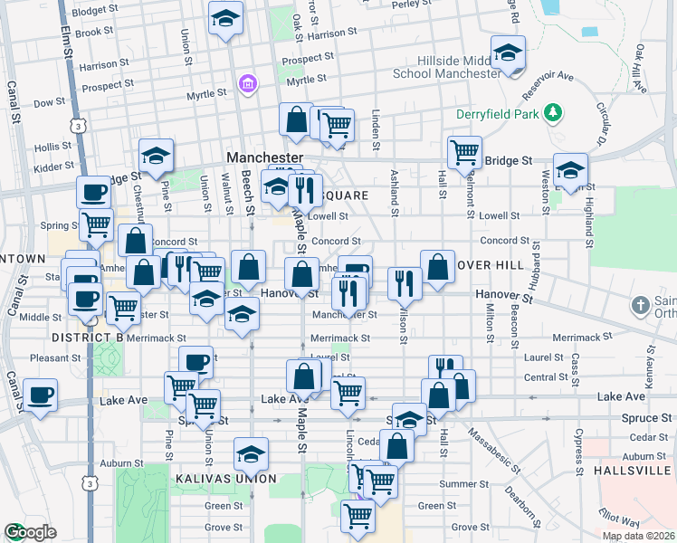 map of restaurants, bars, coffee shops, grocery stores, and more near 554 Lincoln Street in Manchester