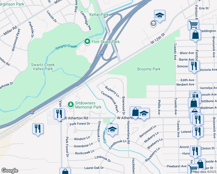 map of restaurants, bars, coffee shops, grocery stores, and more near 1918 Bayberry Lane in Flint