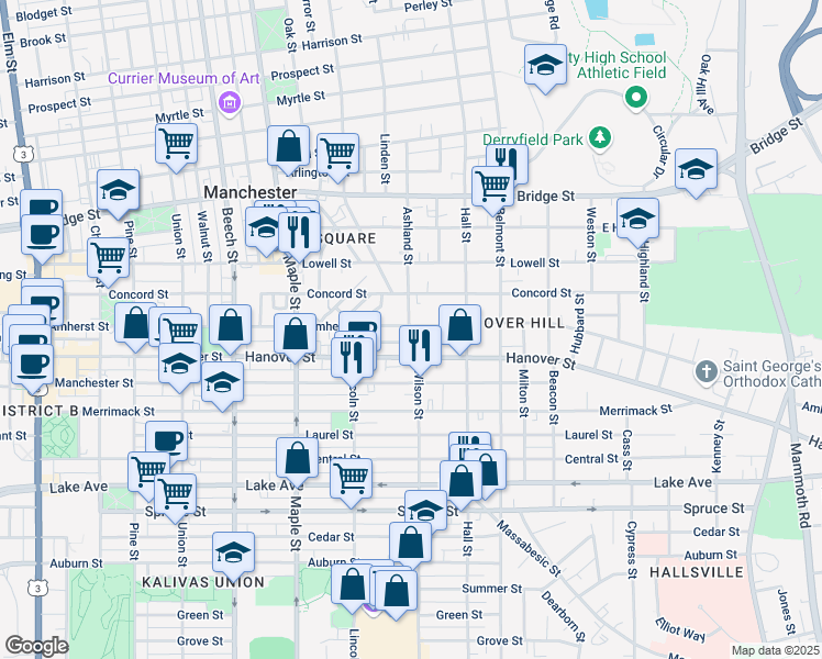 map of restaurants, bars, coffee shops, grocery stores, and more near 423 Amherst Street in Manchester