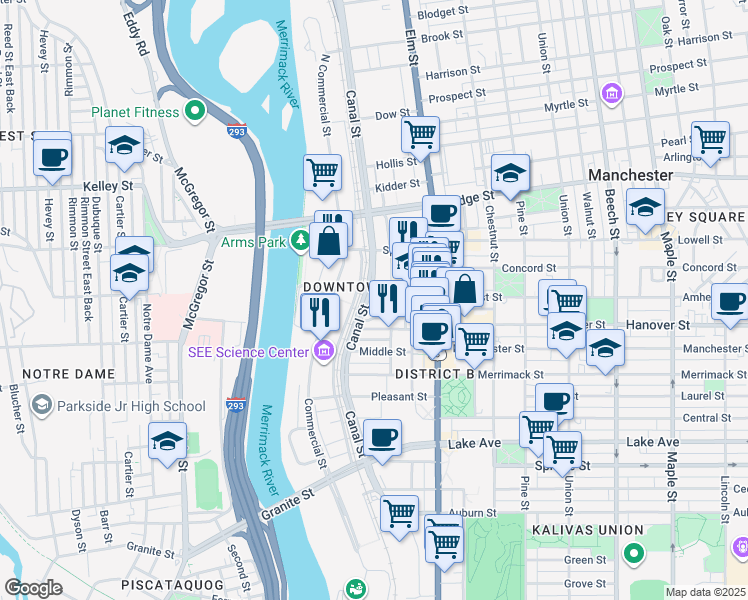 map of restaurants, bars, coffee shops, grocery stores, and more near 110 Stark Street in Manchester