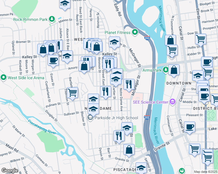 map of restaurants, bars, coffee shops, grocery stores, and more near 320 Dubuque Street in Manchester