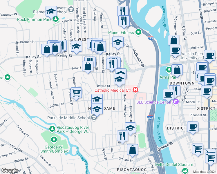 map of restaurants, bars, coffee shops, grocery stores, and more near 320 Dubuque Street in Manchester