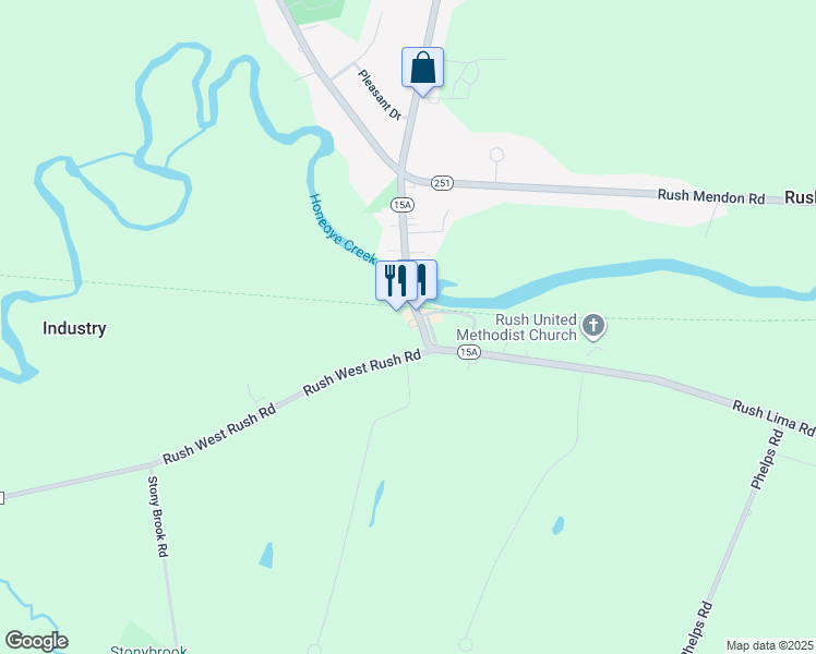 map of restaurants, bars, coffee shops, grocery stores, and more near 1196 Rush West Rush Road in Rush