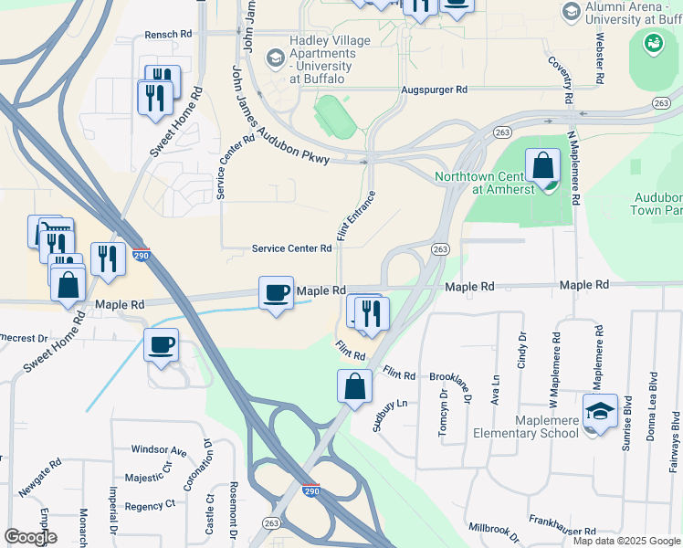 map of restaurants, bars, coffee shops, grocery stores, and more near 1 Flint Rd in Buffalo