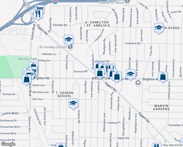 map of restaurants, bars, coffee shops, grocery stores, and more near 2840 Eggert Road in Tonawanda