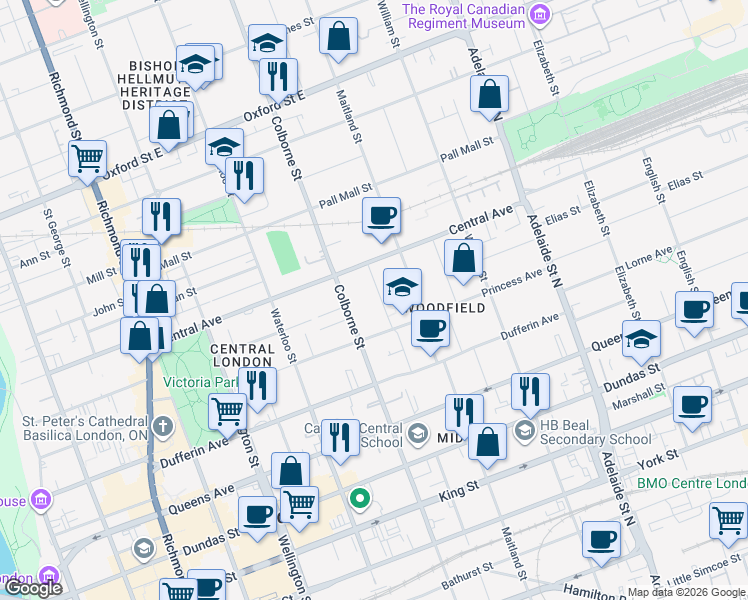 map of restaurants, bars, coffee shops, grocery stores, and more near 550 Colborne Street in London