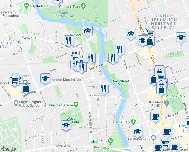 map of restaurants, bars, coffee shops, grocery stores, and more near 27 Saint Andrew Street in London