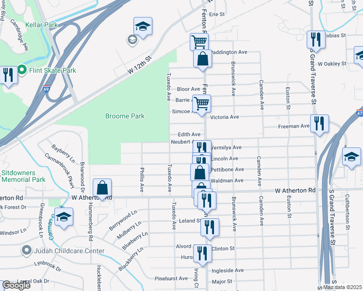 map of restaurants, bars, coffee shops, grocery stores, and more near 1122 Vermilya Avenue in Flint