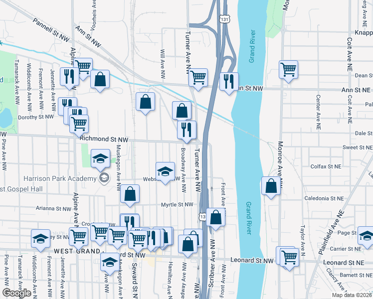 map of restaurants, bars, coffee shops, grocery stores, and more near 1556 Broadway Avenue Northwest in Grand Rapids