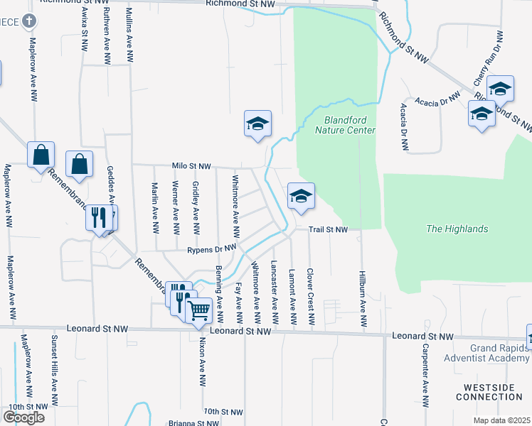 map of restaurants, bars, coffee shops, grocery stores, and more near 3114 Hoehn Street Northwest in Grand Rapids