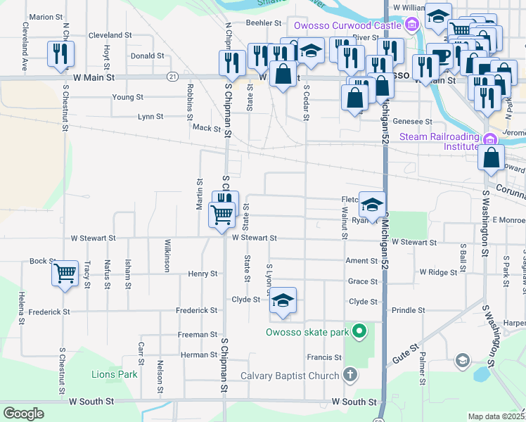 map of restaurants, bars, coffee shops, grocery stores, and more near 1002 Ryan Street in Owosso