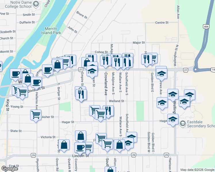 map of restaurants, bars, coffee shops, grocery stores, and more near 58 Crowland Avenue in Welland