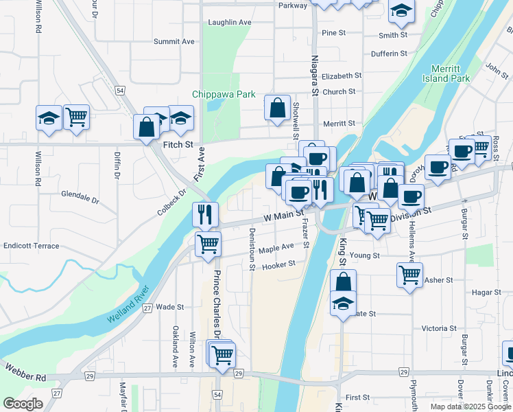 map of restaurants, bars, coffee shops, grocery stores, and more near 22 Denistoun Street in Welland