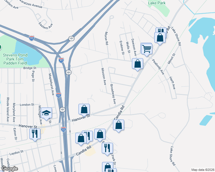 map of restaurants, bars, coffee shops, grocery stores, and more near 114 Broadway Avenue in Manchester