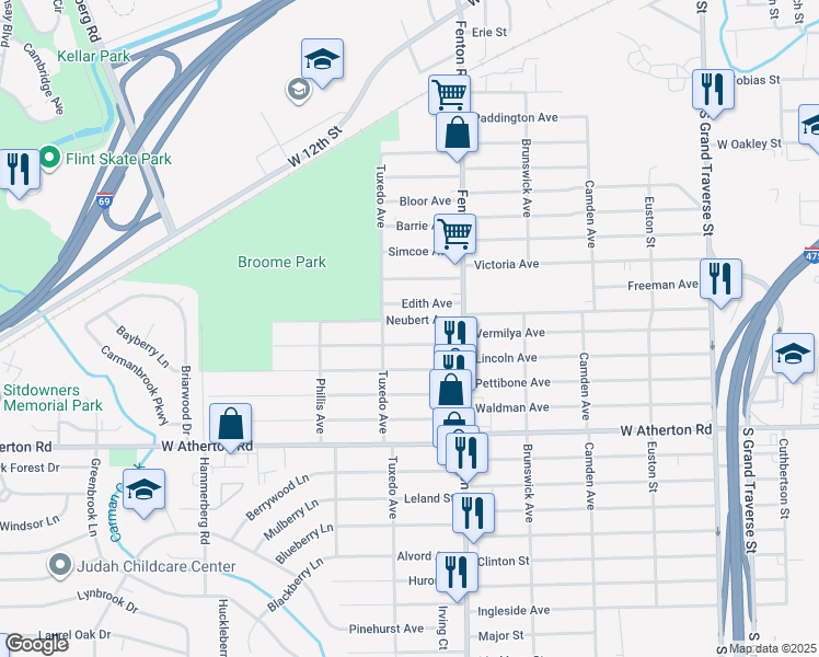 map of restaurants, bars, coffee shops, grocery stores, and more near 1122 Vermilya Avenue in Flint