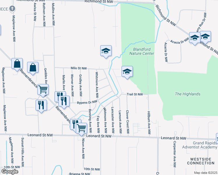 map of restaurants, bars, coffee shops, grocery stores, and more near 3114 Hoehn Street Northwest in Grand Rapids