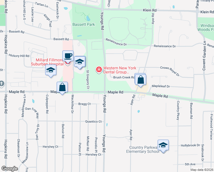 map of restaurants, bars, coffee shops, grocery stores, and more near 1692 Maple Road in Buffalo