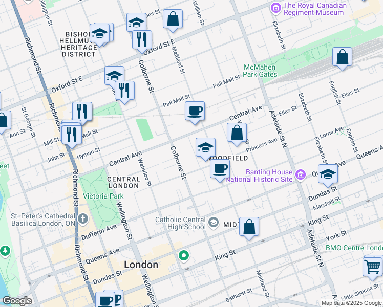 map of restaurants, bars, coffee shops, grocery stores, and more near 550 Colborne Street in London