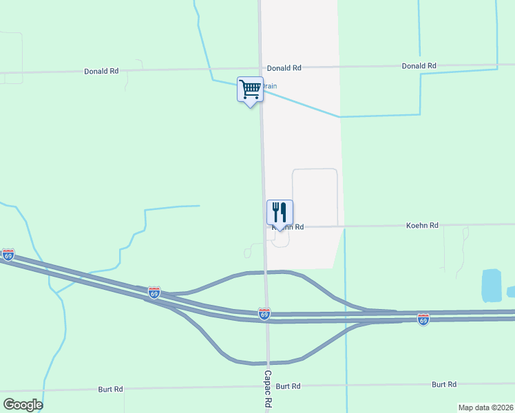 map of restaurants, bars, coffee shops, grocery stores, and more near 3283 Capac Road in Capac