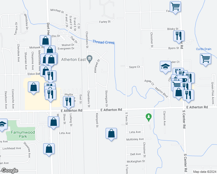 map of restaurants, bars, coffee shops, grocery stores, and more near 3421 Stonegate Drive in Flint
