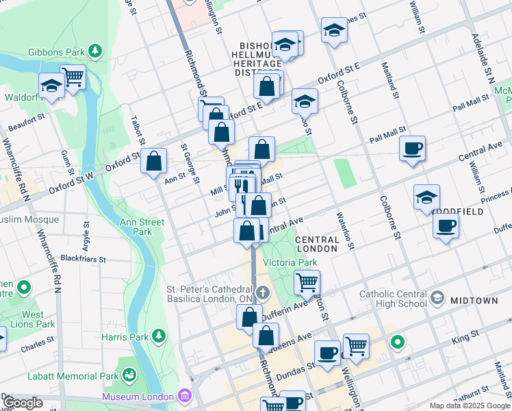 map of restaurants, bars, coffee shops, grocery stores, and more near in London