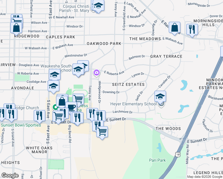 map of restaurants, bars, coffee shops, grocery stores, and more near 1208 Downing Drive in Waukesha