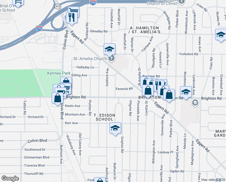 map of restaurants, bars, coffee shops, grocery stores, and more near 24 Wenonah Terrace in Tonawanda