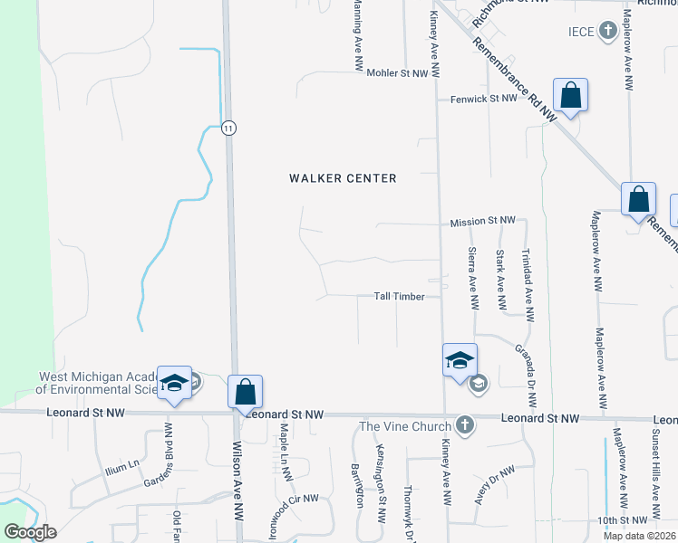 map of restaurants, bars, coffee shops, grocery stores, and more near 4184 Shannon Street Northwest in Grand Rapids