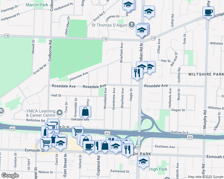 map of restaurants, bars, coffee shops, grocery stores, and more near 989 Grandview Avenue in Sarnia
