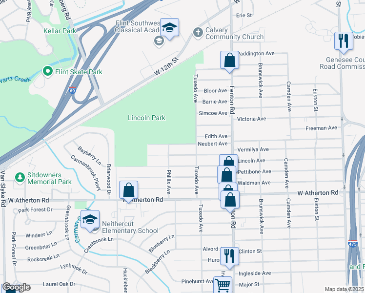 map of restaurants, bars, coffee shops, grocery stores, and more near 1229 Neubert Avenue in Flint