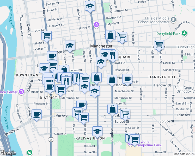 map of restaurants, bars, coffee shops, grocery stores, and more near 510 Beech Street in Manchester