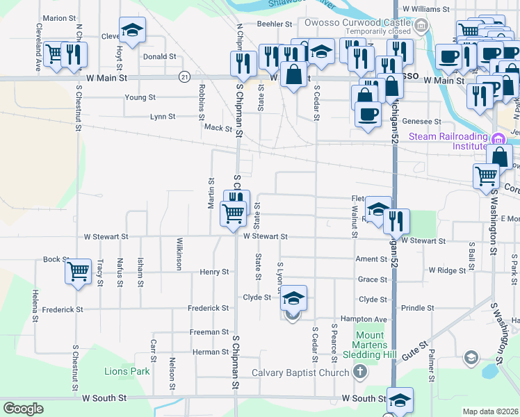 map of restaurants, bars, coffee shops, grocery stores, and more near 1002 Ryan Street in Owosso