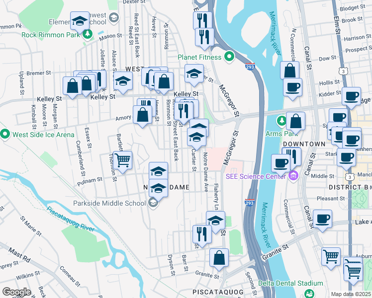 map of restaurants, bars, coffee shops, grocery stores, and more near 144 Wayne Street in Manchester