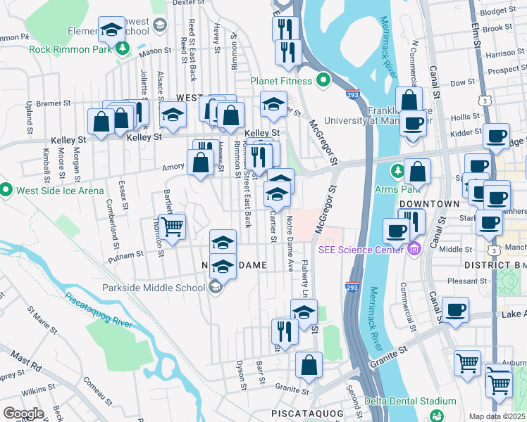 map of restaurants, bars, coffee shops, grocery stores, and more near 142 Wayne Street in Manchester