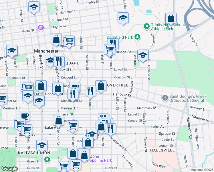 map of restaurants, bars, coffee shops, grocery stores, and more near 557 Belmont Street in Manchester