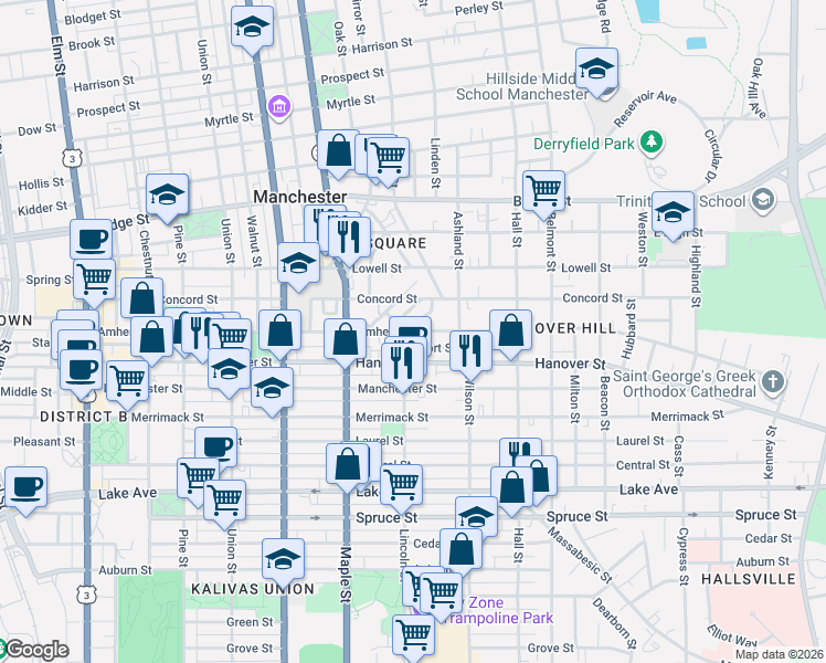 map of restaurants, bars, coffee shops, grocery stores, and more near 554 Lincoln Street in Manchester