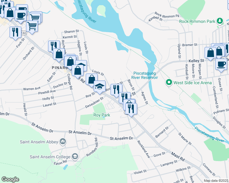 map of restaurants, bars, coffee shops, grocery stores, and more near 10 Laurier Street in Manchester