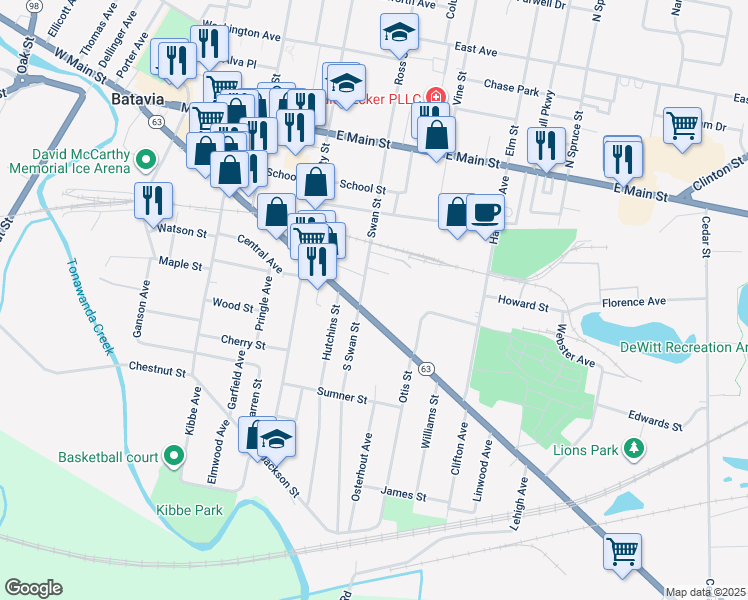 map of restaurants, bars, coffee shops, grocery stores, and more near 409 Ellicott Street in Batavia
