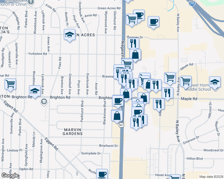 map of restaurants, bars, coffee shops, grocery stores, and more near 17 Glenhurst Road in Tonawanda