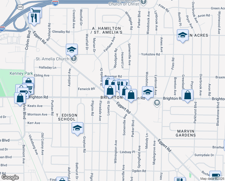 map of restaurants, bars, coffee shops, grocery stores, and more near in Tonawanda Town