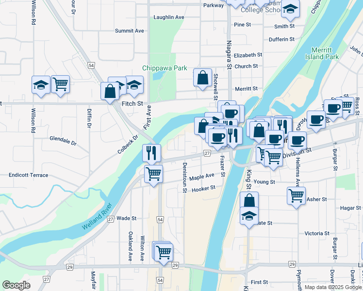 map of restaurants, bars, coffee shops, grocery stores, and more near in Welland