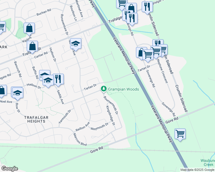 map of restaurants, bars, coffee shops, grocery stores, and more near 299 Tartan Drive in London