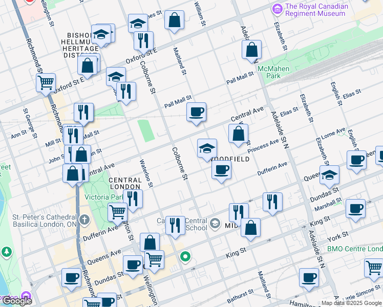 map of restaurants, bars, coffee shops, grocery stores, and more near 550 Colborne Street in London