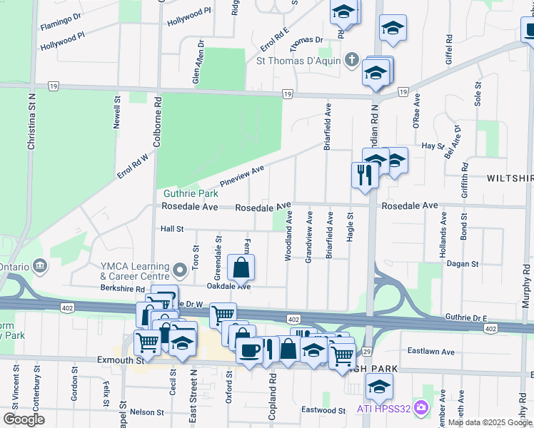 map of restaurants, bars, coffee shops, grocery stores, and more near 790 Hall Street in Sarnia