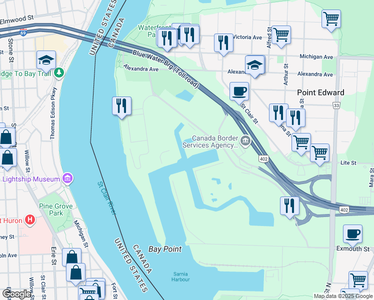 map of restaurants, bars, coffee shops, grocery stores, and more near 1500 Venetian Boulevard in Point Edward