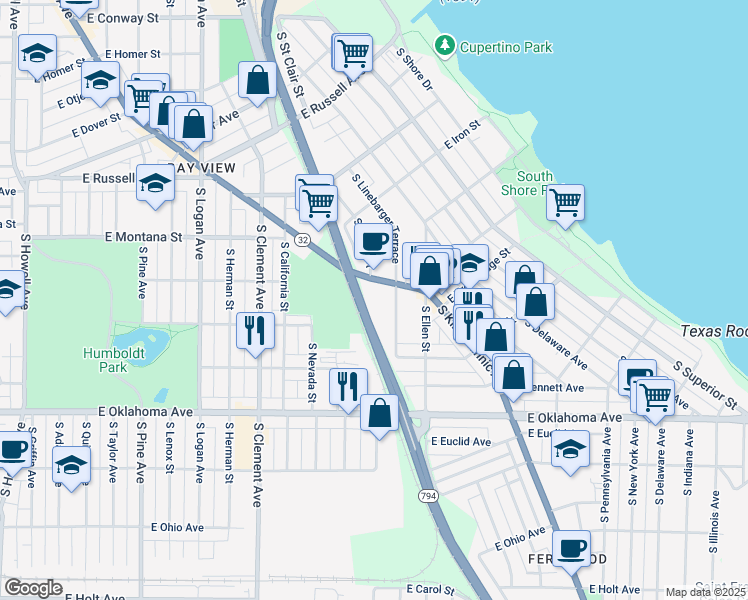 map of restaurants, bars, coffee shops, grocery stores, and more near 2865 South Kinnickinnic Avenue in Milwaukee