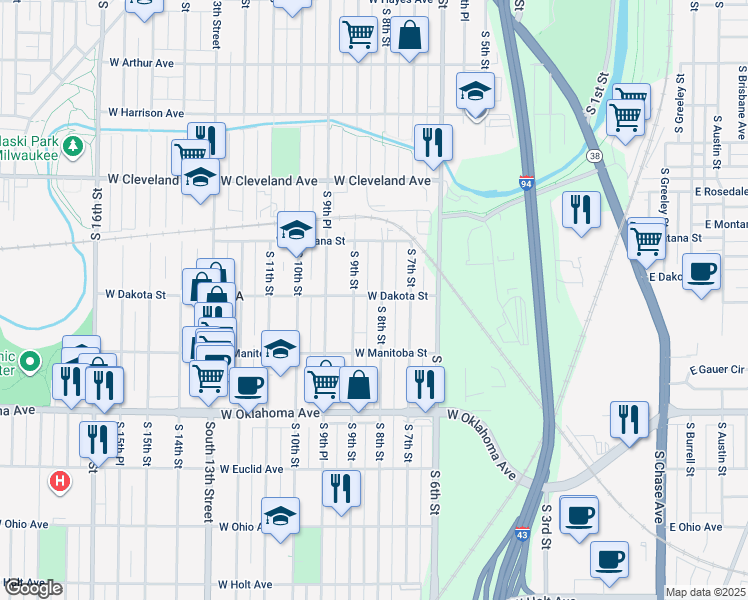 map of restaurants, bars, coffee shops, grocery stores, and more near 2916 South 9th Street in Milwaukee